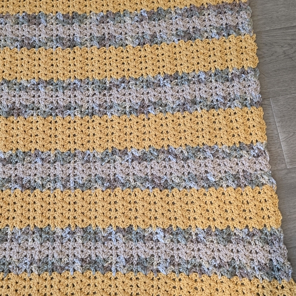 Handmade Crochet Blanket Lapghan Mustard Yellow Earth Tone Stripe Throw 36 X 34 - Picture 6 of 12
